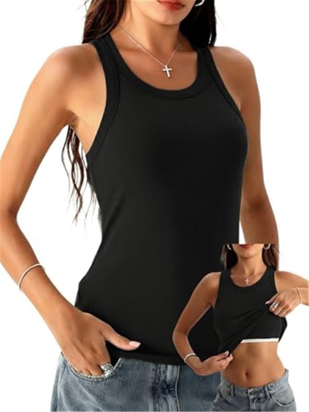 Black Ribbed Racerback Tank Top Built-In Bra High Neck Fitted Cami